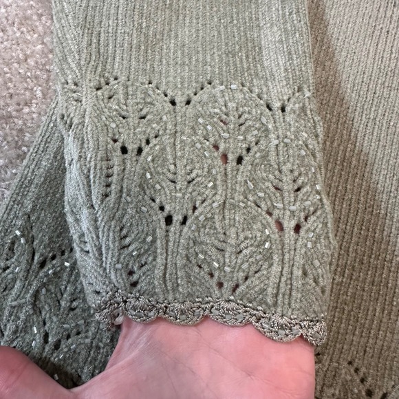 Jenny Vintage Sage Green Beaded Pointelle Cardigan Sweater Scalloped Trim Small - Picture 8 of 10
